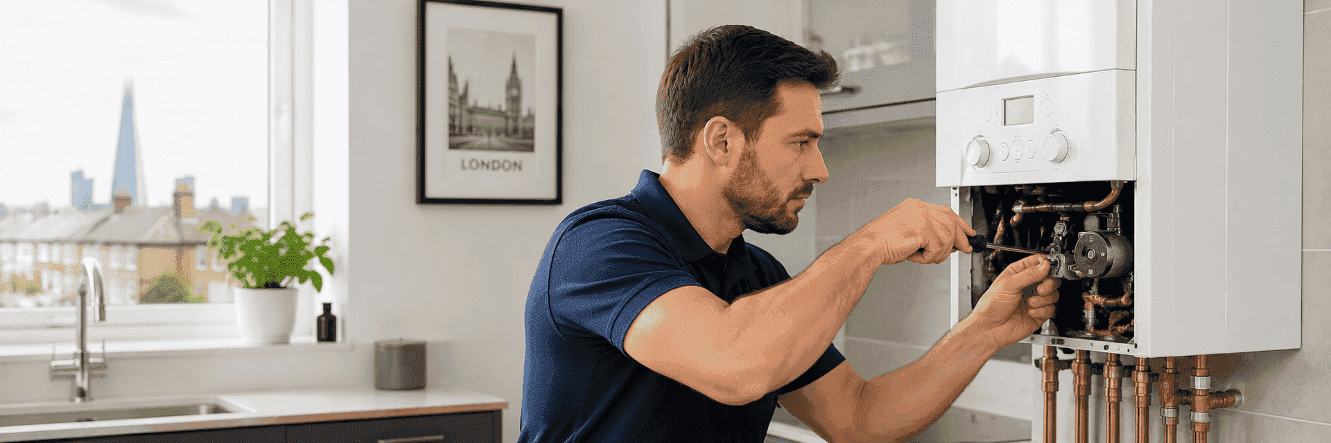 Engineer repairing a boiler in a London home